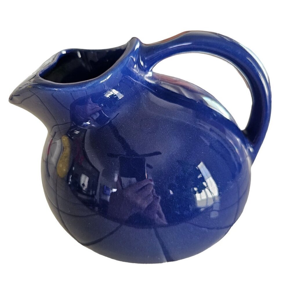 USA Pottery Mid Century Cobalt Blue Tilted Ball Pitcher Jug 48 oz Capacity